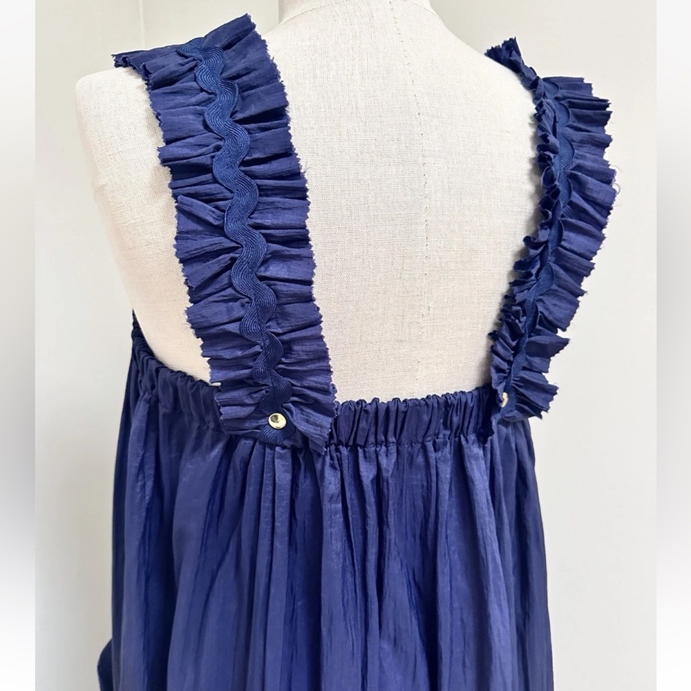 Brøgger Women's Dress Size L Navy Blue Ruffle Sleeveless Made In England - Picture 2 of 10